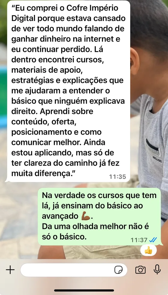 Relato de aluno sobre cursos e materiais de apoio do Cofre Império Digital