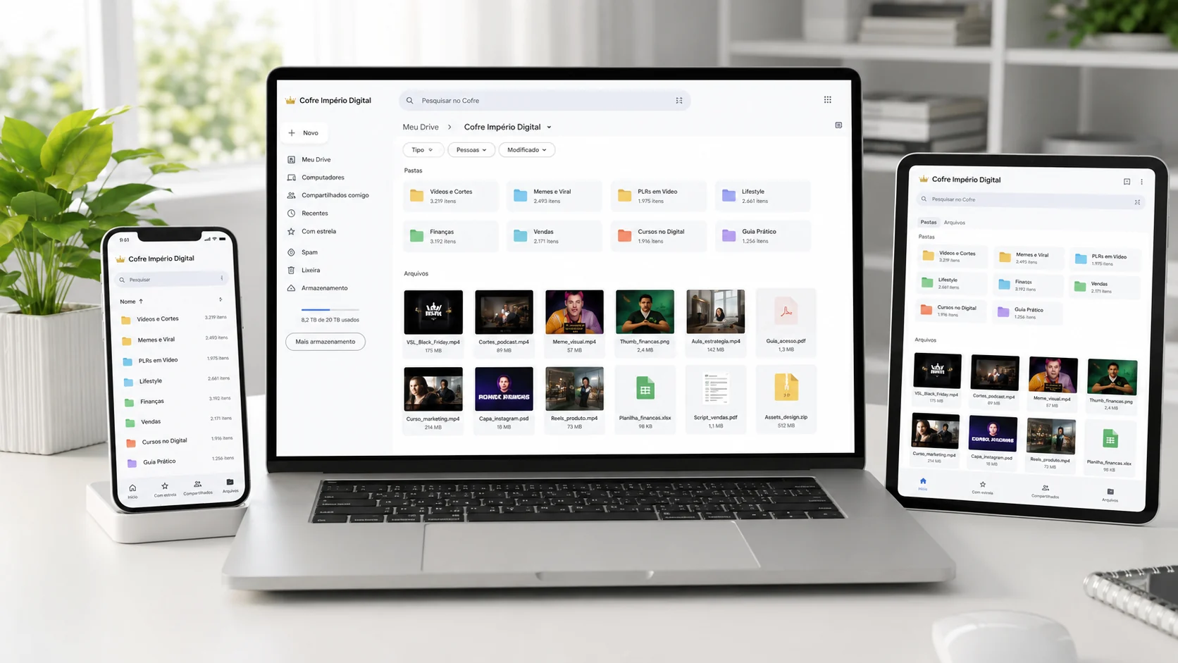 Cofre Império Digital organizado em estilo Google Drive