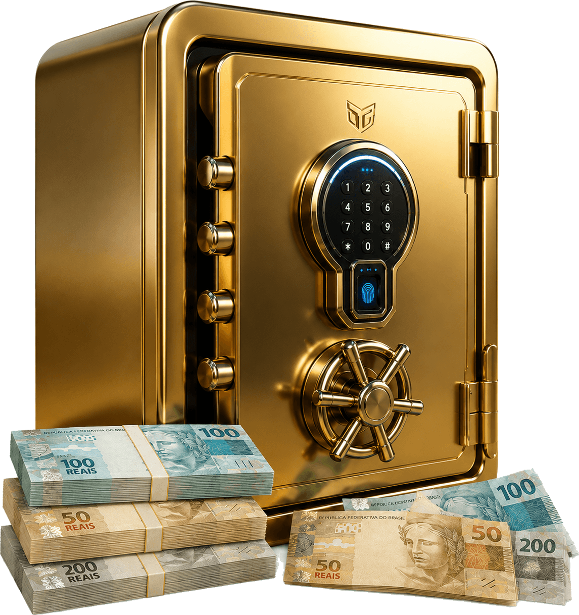 Cofre premium dourado com visual cinematográfico em fundo escuro